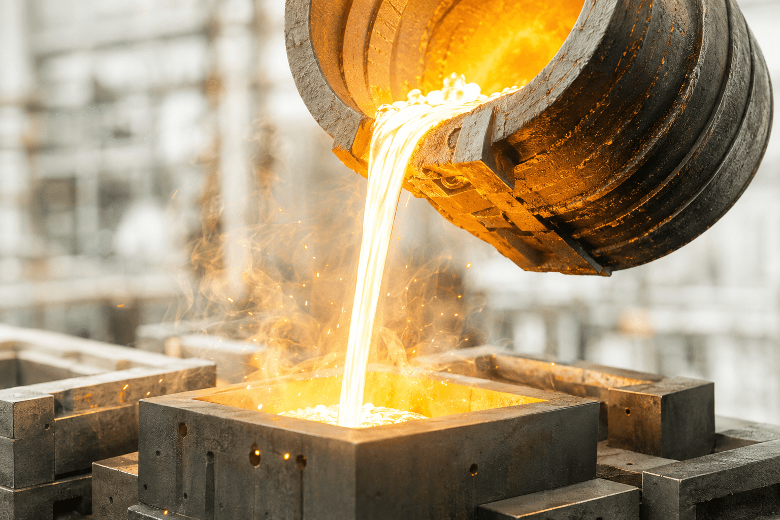 Molten metal being poured into a casting mould